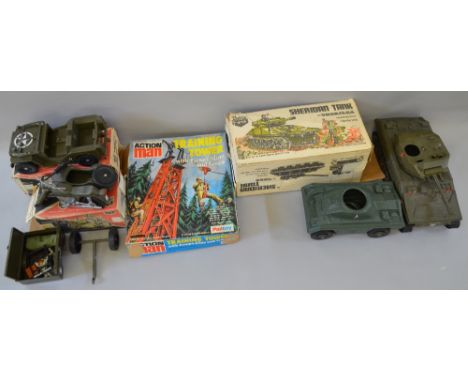 Large quantity of assorted Action Man and related items including 5 figures, assorted vehicles (Sea Wolf, Sheridan Tank etc),