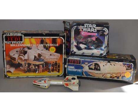 3 Vintage Star Wars vehicles, boxed. Palitoy Darth Vader Tie Fighter, ROTJ Rebel Transport and ROTJ Millenium Falcon together
