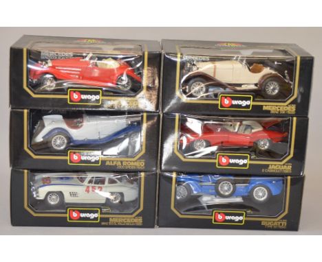 Burago 1/18th scale diecast models. Includes Alfa Romeo 2300 spider, Mercedes 300SL, Jaguar E cabriolet, Bugatti type 59, Mer