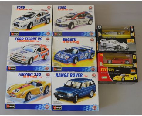 Burago 1:24 scale diecast model car kits. 13 x well built/part built kits. 1 x unopened kit. Together with 2 x Maisto kit bui