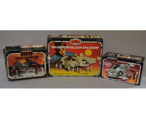 3 Vintage boxed Star Wars vehicles: Millenium Falcon, Slave I, Tie interceptor.