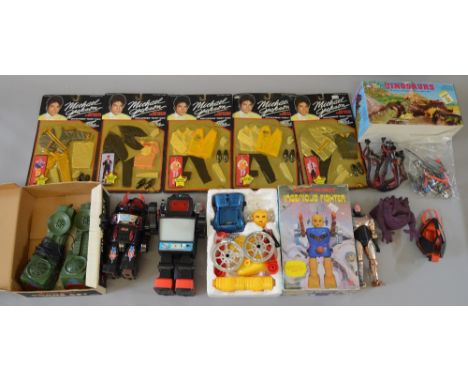 Mixed lot including Johnny Seven Combat Phone Set, Michael Jackson costumes, figures and robots.