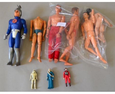 Matt Mason Captain Lazer together with Tommy Gunn and Six Million Dollar Man Steve Austin dolls and 3 vintage loose Star Wars
