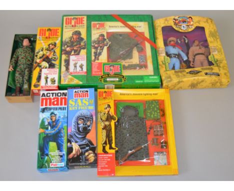 6 Action Man and GI Joe dolls and accessory packs, mostly Hasbro examples.