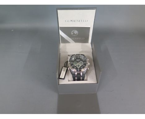 A gentleman's Globenfeld Jetmaster wristwatch on black rubber strap with three subsidiary dials, baton markers and centre swe