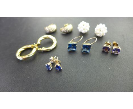 Six pairs of earrings - To include three gem-set, one seed-pearl cluster and two pairs of hoops - Five with marks indicating 