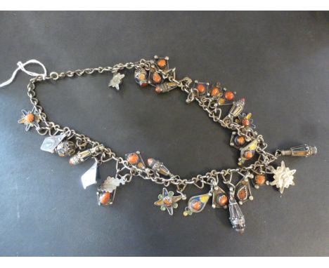 An Eastern silver enamel and coral necklace -  Length 50cm - of tribal design - with repairs