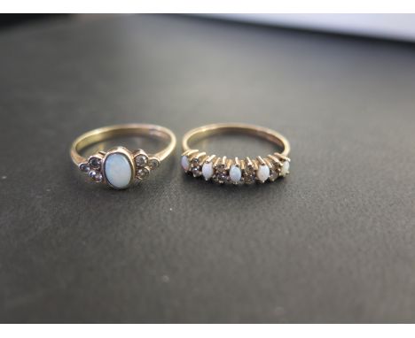 Two 9ct gold opal and cubic zirconia dress rings - Hallmarked Birmingham - Ring sizes N and P 1/2 - Weight approx 3.2gms
Cond