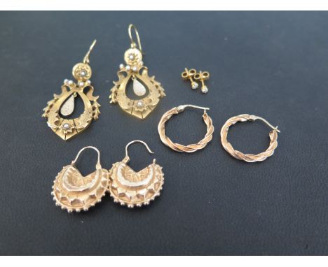 Two pairs of hoop earrings - A pair of ear pendants - Together with a pair of diamond ear studs - All with marks indicating 9