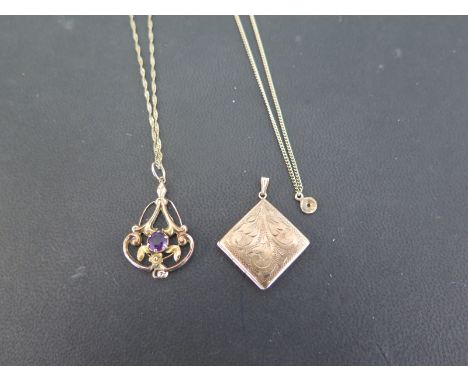 An early 20th century amethyst pendant - Suspended from a fancy-link chain - Stamped 9ct - Length of pendant 3.5cms - Length 