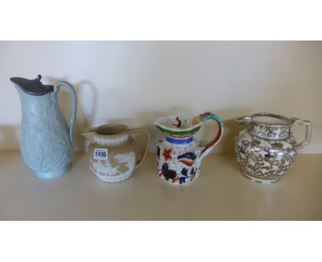 Four 19th century jugs including a Wedgewood hunting scene, and an Ironstone jug - all reasonable condition, repair to pewter