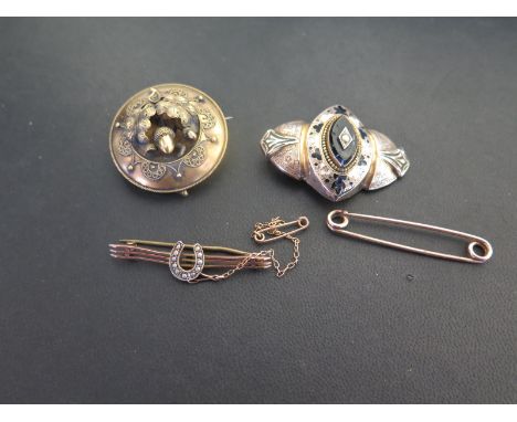 A seed pearl horse shoe bar brooch - Stamped 9ct - Length 4.5cms - An onyx and enamel brooch, back deficient - Tests as 9ct g