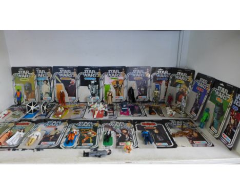 Twenty-three Palitoy Star Wars Figures, A Landspeeder, Tie Fighter and X-Wing Fighter - All with original Palitoy backing car