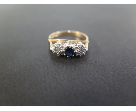 A 9ct gold sapphire and diamond three-stone ring - Hallmarked Birmingham - Ring size K - Weight approx 2.2gms
Condition Repor