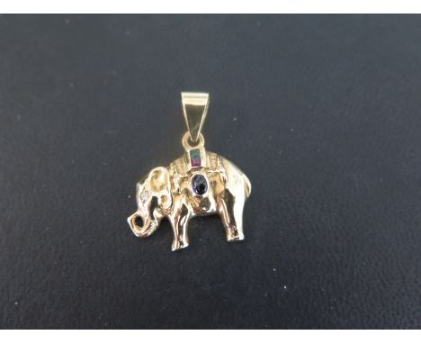 An elephant pendant, set with sapphire, ruby, emerald and cubic zirconia - Stamped 750 - Length 3cms - Weight approx 6.0gms
C