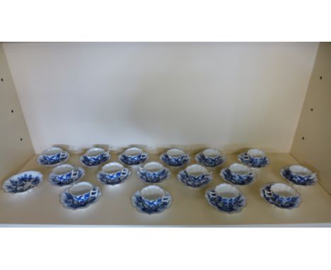 Meissen Flowering Onion pattern - 16 cups and 17 saucers - chips to four cups and fifteen saucers, one of which has a crack, 