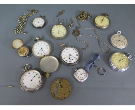 A collection of 9 assorted watches and a compass with chains and keys - all needing attention