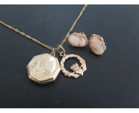 A 9ct gold octagonal locket - Hallmark rubbed - Length 2.5cms - Together with a 9ct gold Claddagh pendant - Import mark - Len