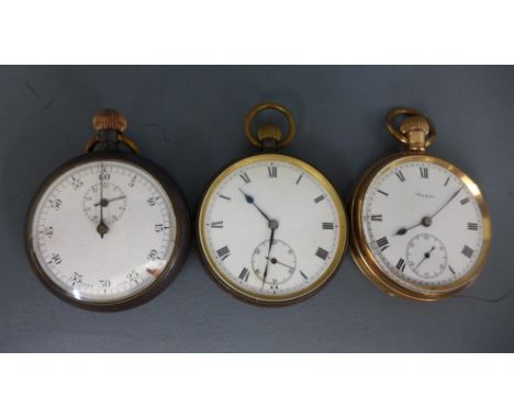 A gold plated open faced pocket watch by Lancashire Watch Company, Roman numerals to white enamel dial with subsidiary second