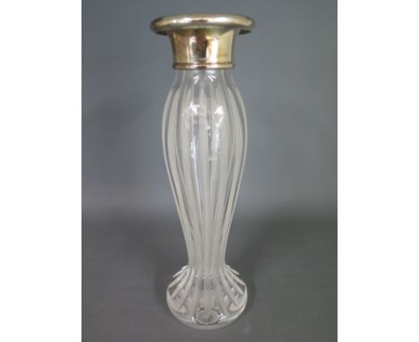 A Carrs silver necked crystal glass vase/candlestick - Height 25.5cm tall - in good condition, with box, box tatty