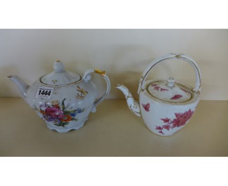 An unusual Japanese Maruwa Shoten Seto musical teapot playing 'tea for two!' and a butterfly decorated teapot - Height 17cm -
