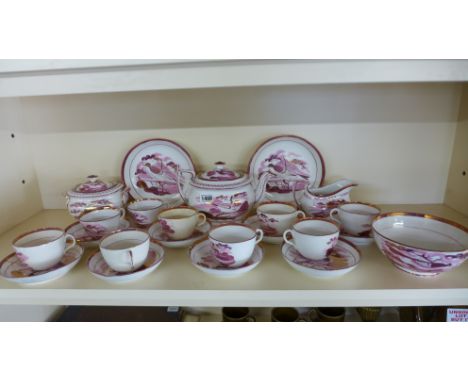 A 19th century Sunderland lustre tea service, 23 pieces - teapot good condition, cracks to covered dish,five cups good, five 