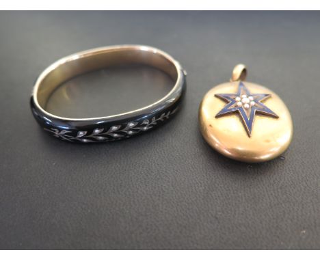 A late 19th century enamel and seed pearl bangle - Inner diameter 5.5cms - Together with an enamel and seed pearl memorial pe