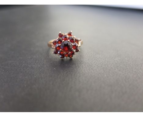 A garnet floral cluster ring - Hallmarked Birmingham - Ring size N - Weight approx 2.7gms
Condition Report: Good - With light