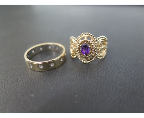 A 9ct gold amethyst single-stone ring - Hallmarked London - Ring size L - Weight approx 3.4gms - Together with a 9ct gold whi