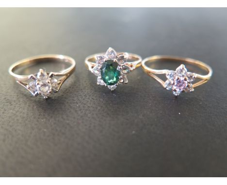 Three 9ct gold cubic-zirconia cluster rings - Hallmarked Birmingham - Ring sizes L 1/2, Q and V - Total weight approx 5.2gms
