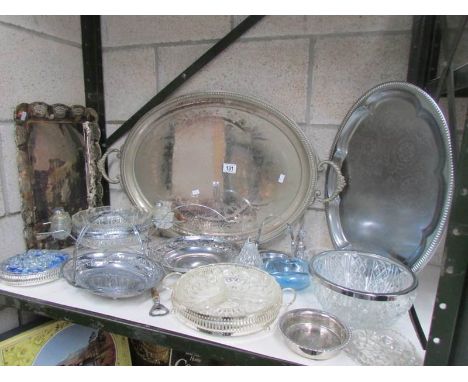 A shelf of assorted silver plate etc.,