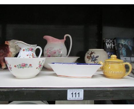 An Old Foley jug and bowl, an Allerton's cream jug and bowl, a Sadler pot, A Sylvac teapot and a Noritake dish.