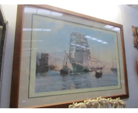 A framed and glazed print entitled 'The Thermopylae leaving Foochow' by Montague Dawson.
