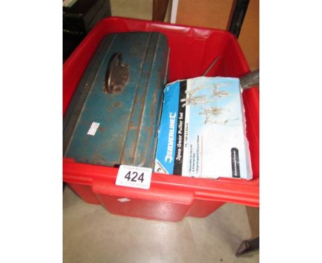 A box and a small tool box of hand tools including spanner, socket set etc.,