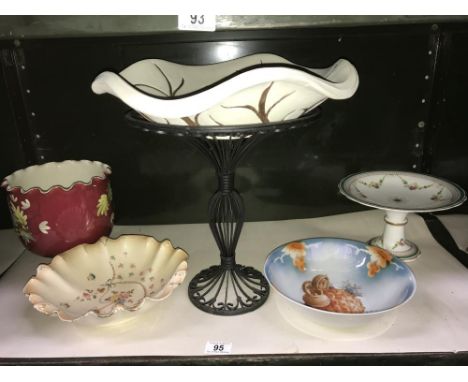 A ceramic bowl on metal stand, a Crown Devon bowl and three other items.