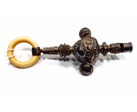 VICTORIAN BABY'S SILVER RATTLEmaker Hilliard & Thomason, Birmingham 1900, shaped and embossed, with whistle and teething ring