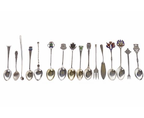 LOT OF SILVER AND WHITE METAL SOUVENIR TEASPOONSto include: Birmingham 1902, 1908, etc, most with enamel armorial terminals; 