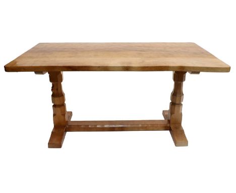 Workshop of Robert Mouseman Thompson (Kilburn): An English Oak 5ft Refectory Dining Table, adzed four plank top, on two octag