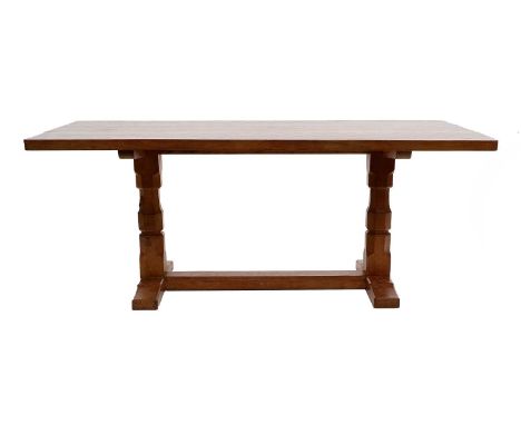 Workshop of Robert Mouseman Thompson (Kilburn): An English Oak 6ft Refectory Dining Table, the adzed three plank rectangular 