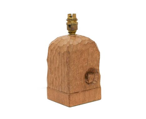 Workshop of Robert Mouseman Thompson (Kilburn): A Bespoke English Oak Table Lamp, square section with tooled finish, with car