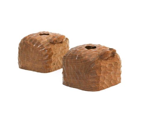 Robert Mouseman Thompson (1876-1955): A Pair of English Oak Candlesticks, of square section form, tooled all over, each with 