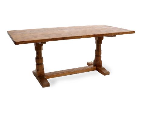 Workshop of Robert Mouseman Thompson (Kilburn): An English Oak 6ft Refectory Dining Table, 1973, the adzed four plank rectang