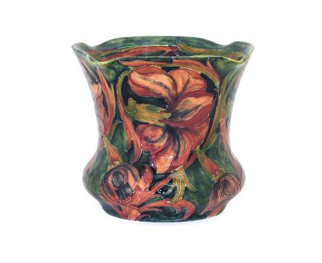 William Moorcroft (1872-1945): A Spanish Pattern Planter, circa 1916, on a green/blue ground, green painted signature,13.5cm 