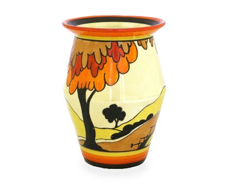 Clarice Cliff (1899-1972): A Fantasque Bizarre House and Bridge Vase, circa 1932, shape 342, hand painted with a stylised tre