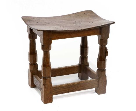 Robert Mouseman Thompson (1876-1955): A Burr Oak Dish Top Stool, 1947, made by Ken Almack, with nailed top, on four octagonal