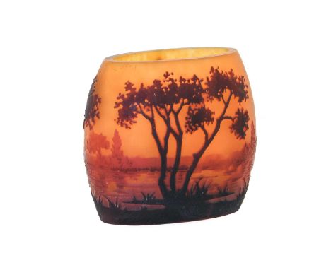 A Daum Nancy Satin-Blown Glass Vase, decorated with trees and a river, on a amber ground, cameo mark DAUM NANCY and the cross