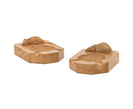Workshop of Robert Mouseman Thompson (Kilburn): Two English Oak Ashtrays, of standard rectangular form, each with carved mous