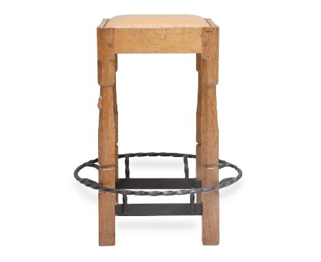 Workshop of Robert Mouseman Thompson (Kilburn): An English Oak High Stool, 1965, upholstered tan leather seat, on four octago