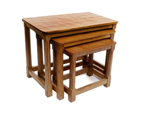 Workshop of Robert Mouseman Thompson (Kilburn): An English Oak Nest of Three Tables, adzed rectangular tops, on four octagona