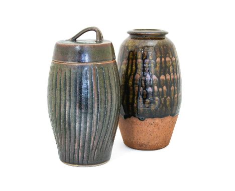 Kenneth Quick (1931-1963): A Stoneware Vase, running green ash glaze, impressed potter's mark and Leach Pottery,24cm highJere